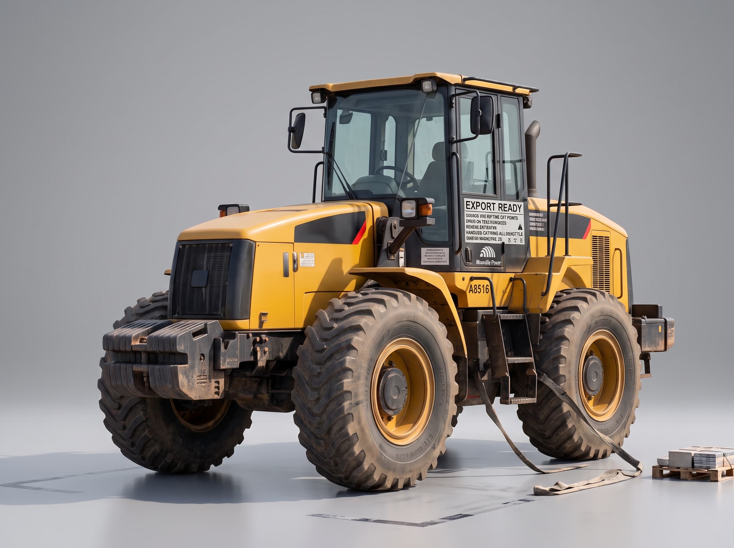 Tractor prepared for international shipment from Canada