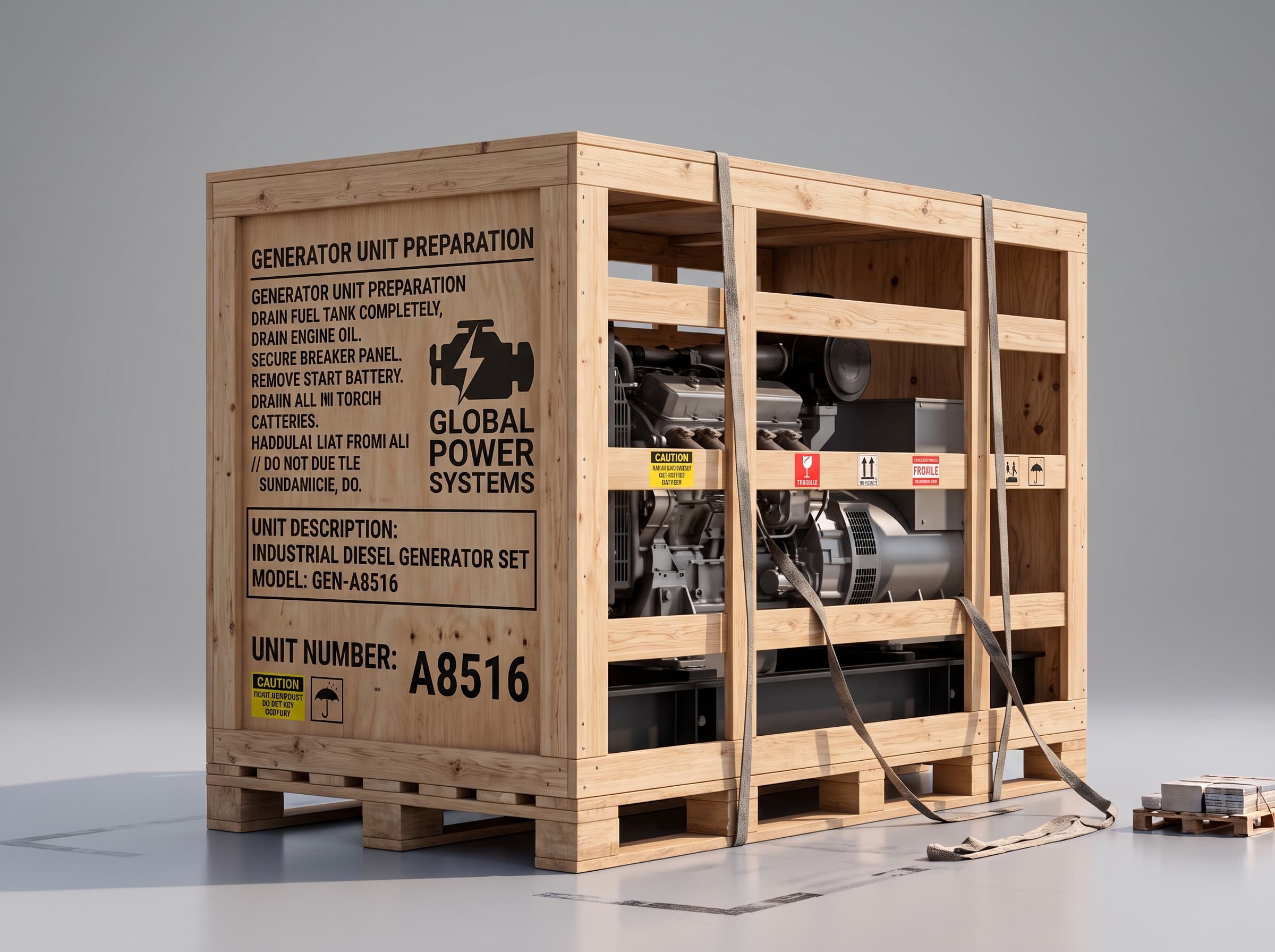Industrial generator crated for export shipping