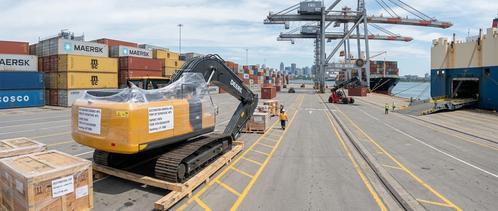 Excavatrice entreposée dans une cour à conteneurs en vue de son expédition depuis le Canada