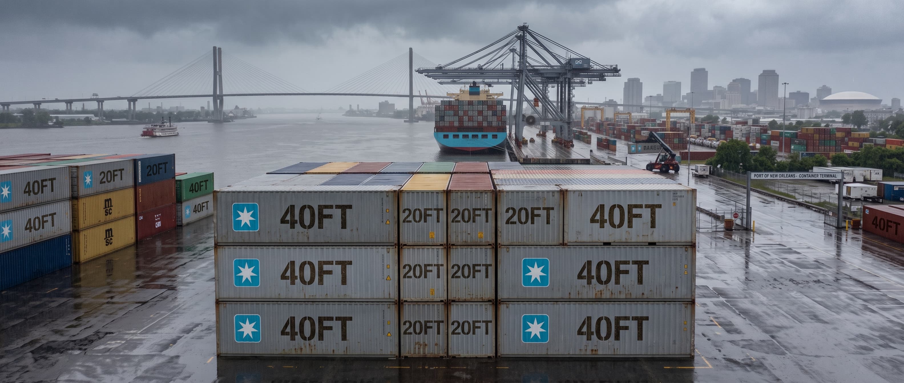 Stack of 20-foot and 40-foot shipping containers at a container yard