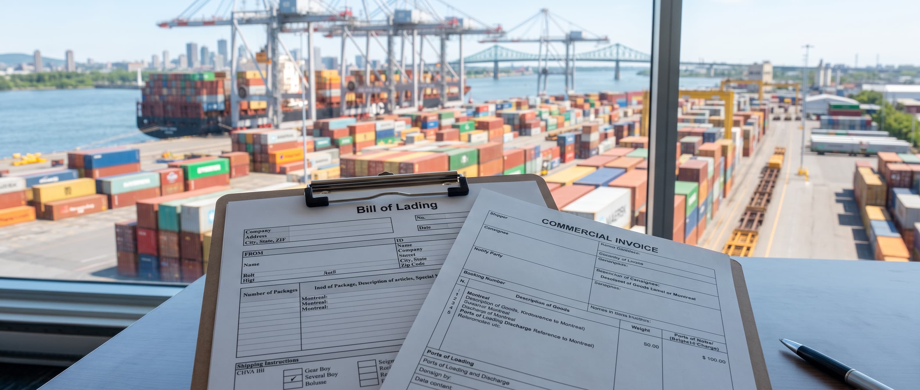 Freight forwarding documentation and a bill of lading being reviewed at a Canadian port office
