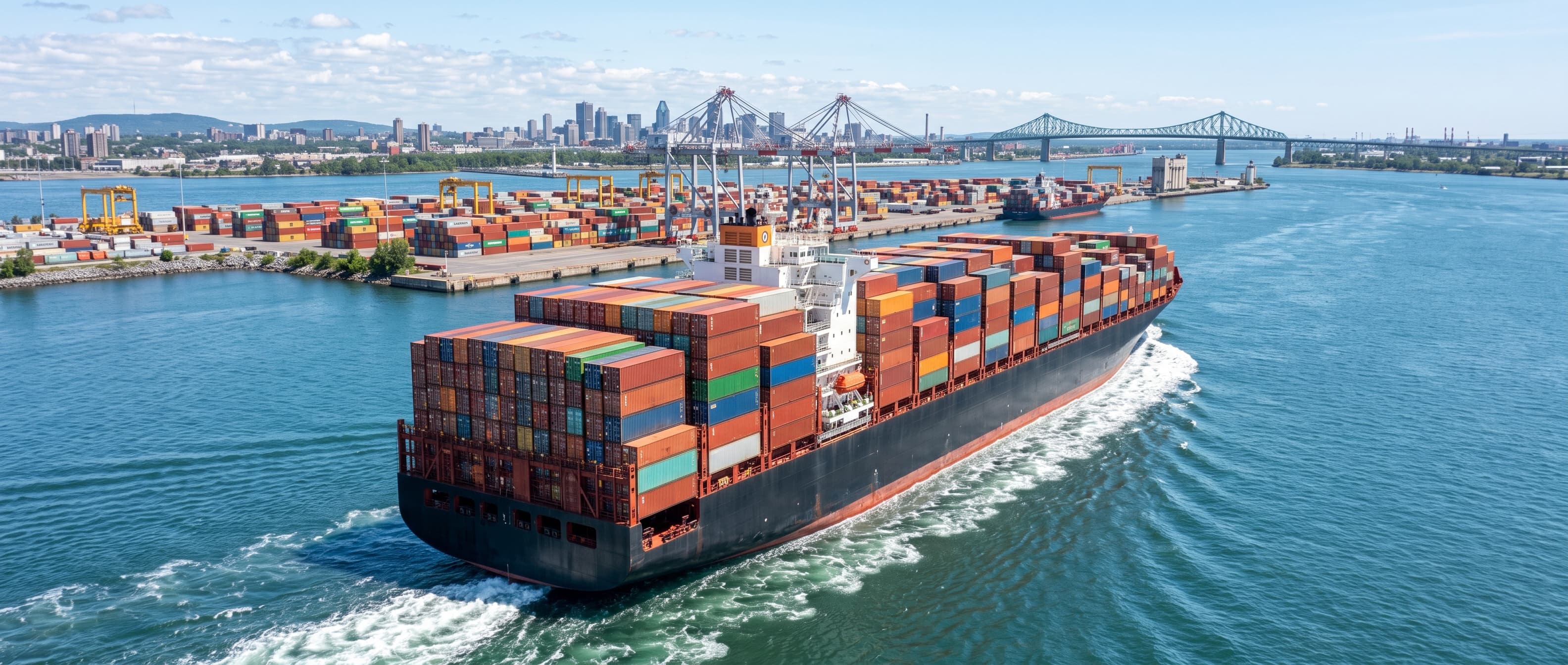 Cargo ship loaded with shipping containers departing a Canadian port