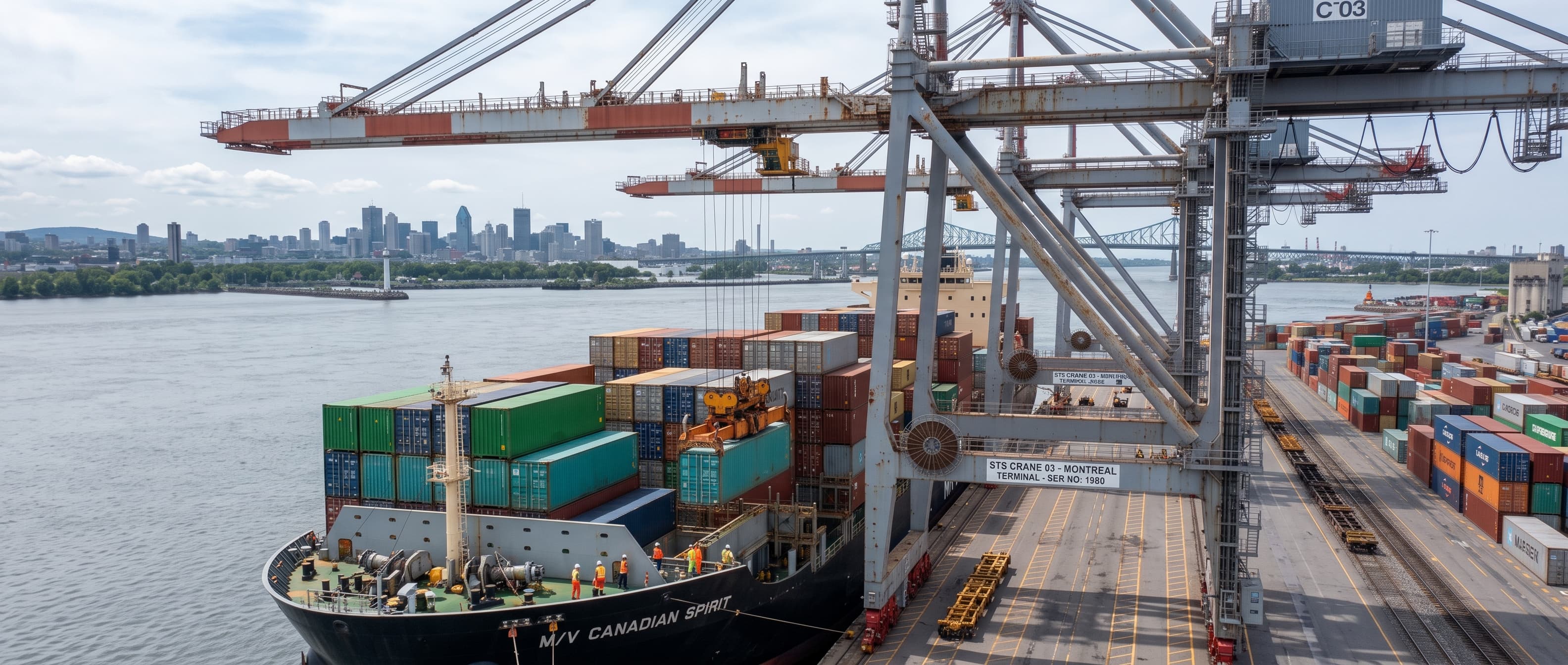 Container crane loading a cargo vessel at a port terminal