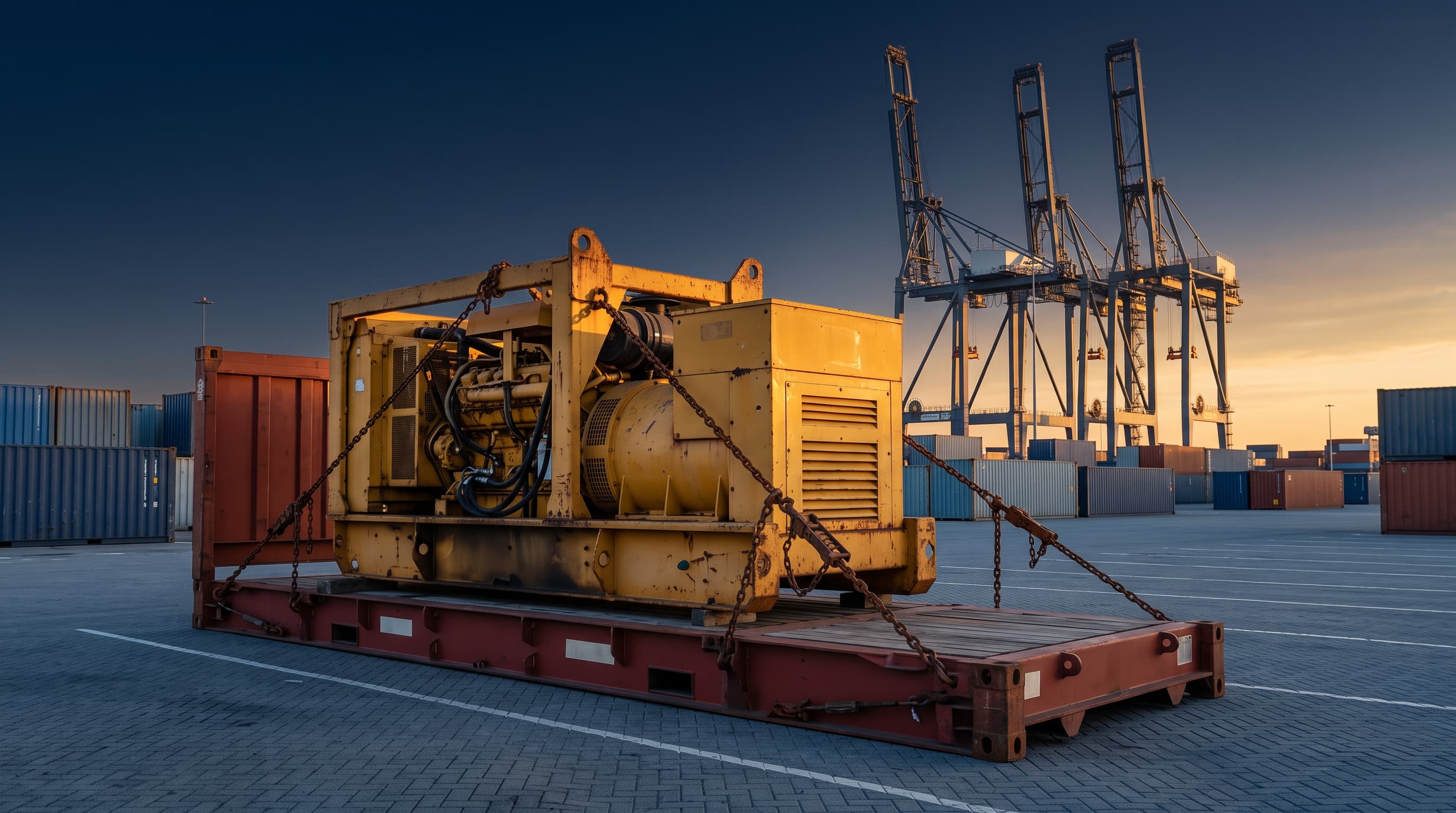 Oversized industrial equipment secured on a flat rack container