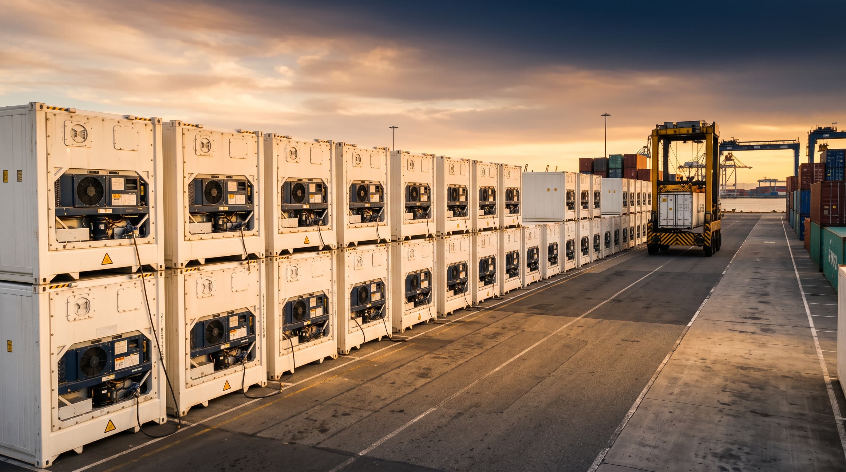 Refrigerated reefer containers plugged in at a container terminal