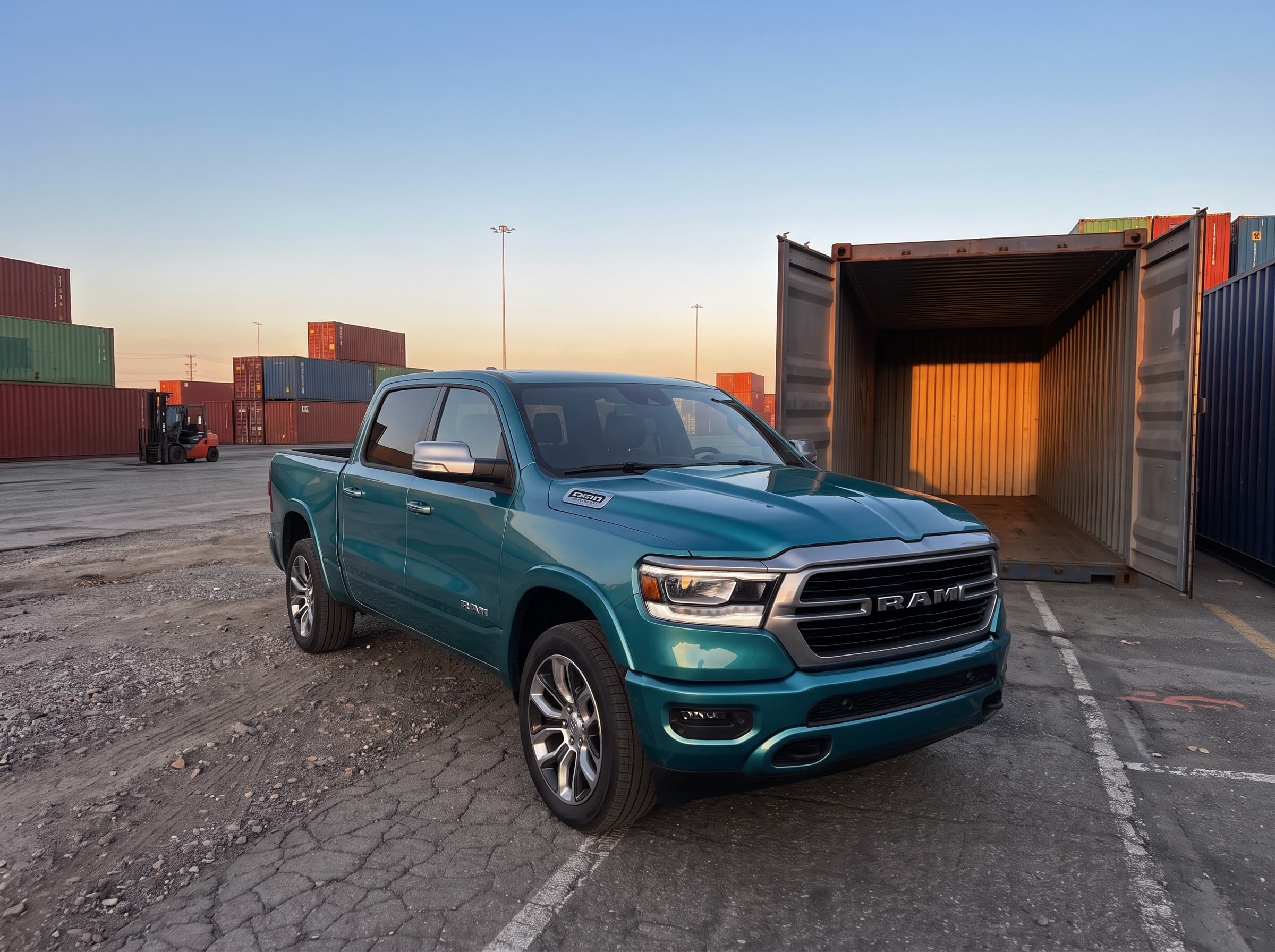 Pickup truck secured for container shipping from Canada