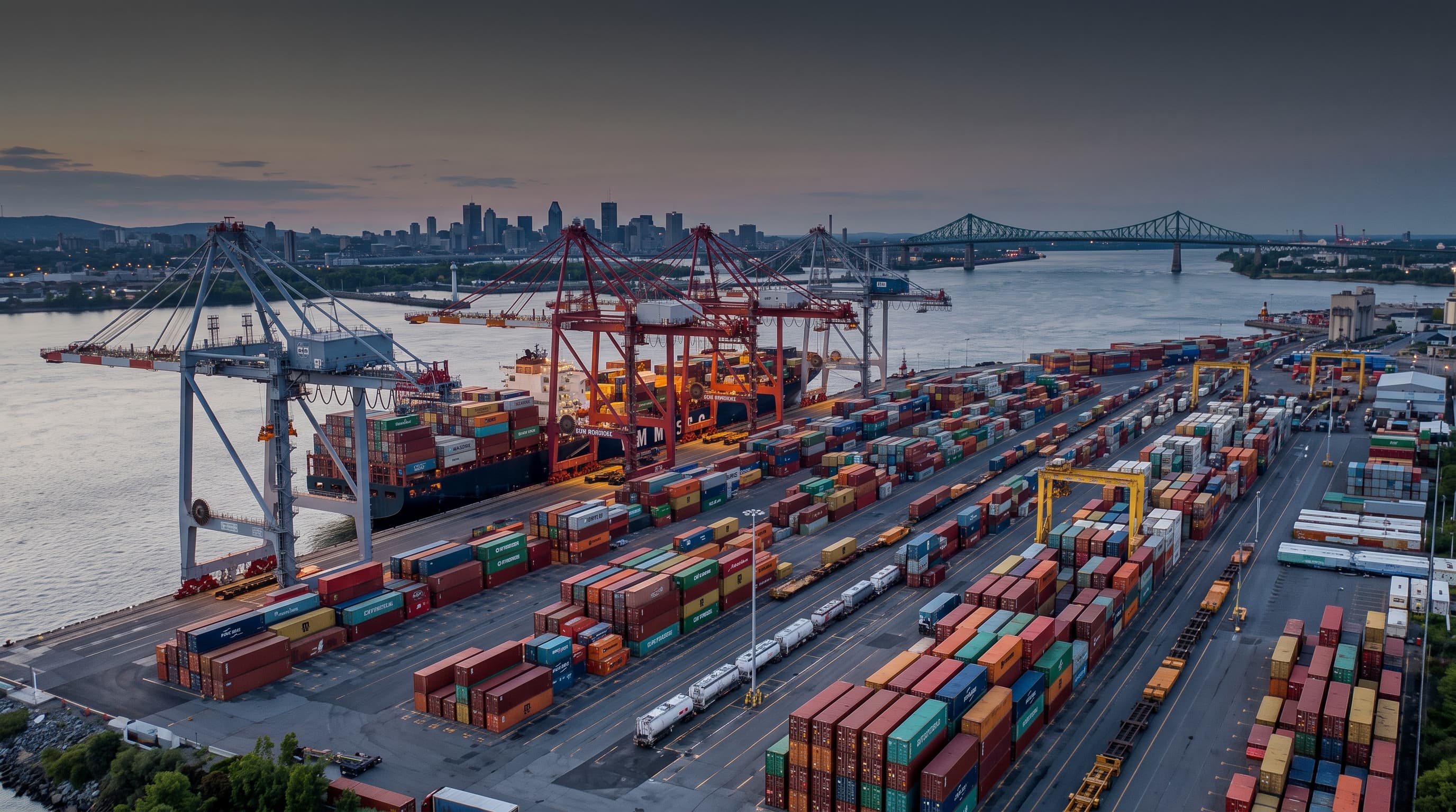 Shipping containers and a cargo vessel at the Port of Montreal, Freightivo's origin point for international freight forwarding from Canada